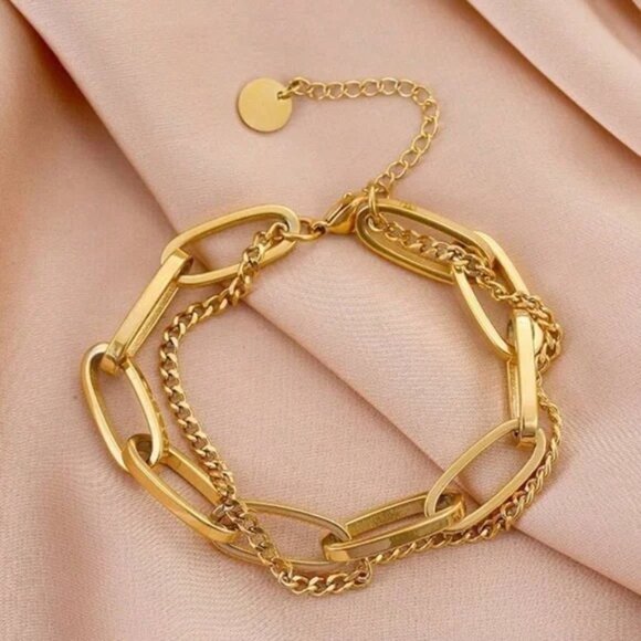 18K Gold Plated Stainless Steel Double Chain Bracelet - Picture 2 of 3